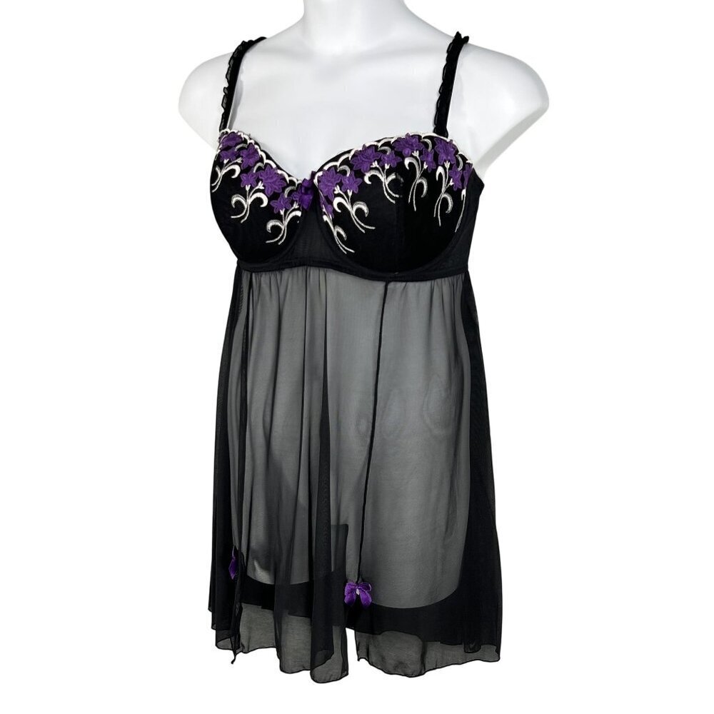 Cacique Womens 22-24 Babydoll Lingerie Black Purple Floral Embroidered Bows Sexy